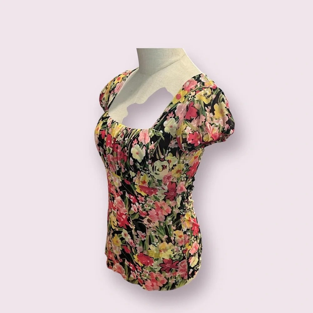 Y2K Floral Babydoll Milkmaid Mesh Top Sz XXS Floral Puff Sleeves Square Neckline